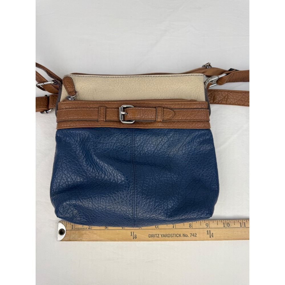 Style & Co Colorblock Crossbody Bag Navy Brown Cream Faux Leather Belted Detail - Picture 9 of 10